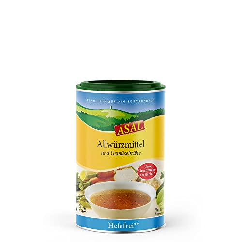 Asal Allwürzmittel & Gemüsebrühe ohne Hefe 280 g für ca. 55 Teller - Gemüsebrühe mit 20% nur Kräuter, Gemüse und Gewürze, ohne Sellerie, ohne Hefe, gluten- und laktosefrei, optimal als Salzersatz, vielseitig einsetzbar, Konzentrat von Asal