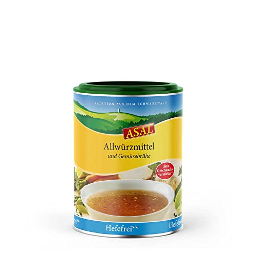 Asal Allwürzmittel & Gemüsebrühe ohne Hefe 480 g für ca. 96 Teller - Gemüsebrühe mit 20% nur Kräuter, Gemüse und Gewürze, ohne Sellerie, ohne Hefe, gluten- und laktosefrei, optimal als Salzersatz, vielseitig einsetzbar, Konzentrat von Asal