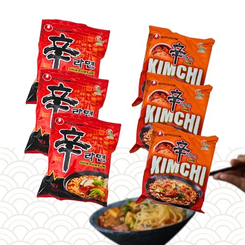 Nong Shim Instantnudeln Ramen - Koreanische Ramyun Nudelnsuppe mit verschieden Geschmacken, einfach und schnell zuzubereiten (3er, Scharfe Shin und Kimchi) von Asian Box