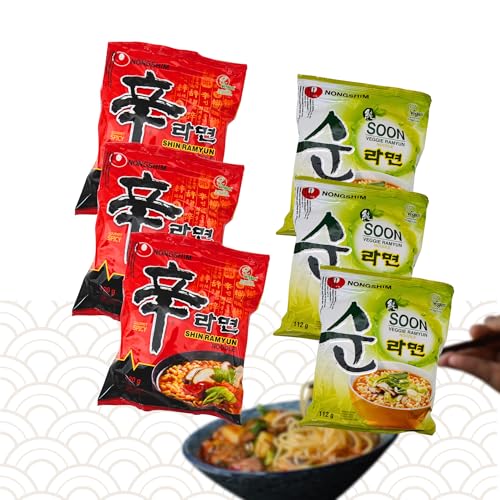 Nong Shim Instantnudeln Ramen - Koreanische Ramyun Nudelnsuppe mit verschieden Geschmacken, einfach und schnell zuzubereiten (3er, Scharfe Shin und Veggie Soon) von Asian Box