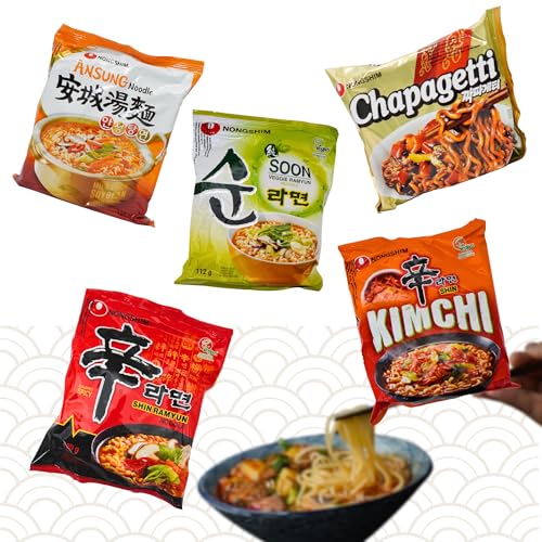 Nong Shim Instantnudeln Ramen - Koreanische Ramyun Nudelnsuppe mit verschieden Geschmacken, einfach und schnell zuzubereiten (5er, Mix) von Asian Box