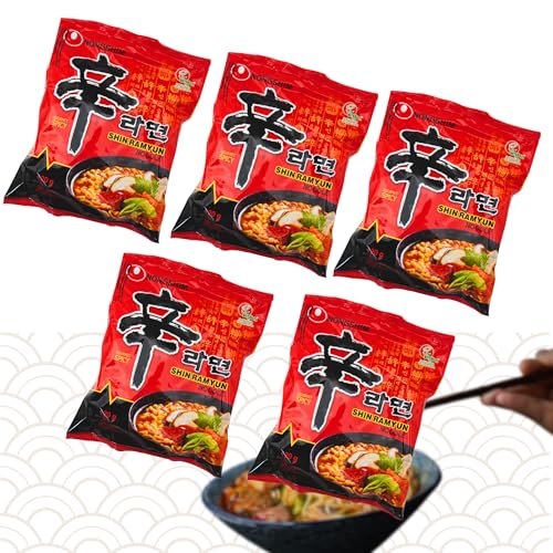 Nong Shim Instantnudeln Ramen - Koreanische Ramyun Nudelnsuppe mit verschieden Geschmacken, einfach und schnell zuzubereiten (5er, Scharfe Shin Ramyun) von Asian Box