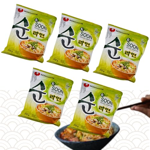 Nong Shim Instantnudeln Ramen - Koreanische Ramyun Nudelnsuppe mit verschieden Geschmacken, einfach und schnell zuzubereiten (5er, Veggie Soon Ramyun) von Asian Box