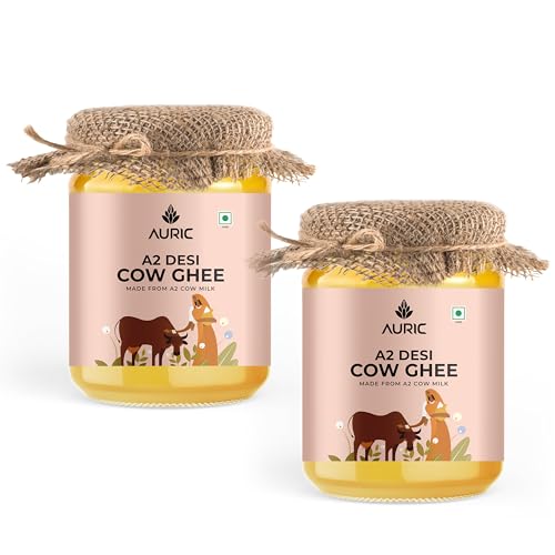 Auric A2 Bilona Desi Cow Ghee (2 Packungen á 500 ml) - Vedische Bilona-Methode - Traditioneller Quark gebrannt - Laborgeprüft - Danedar Ghee - Gras gefüttert Sahiwal und Gir Kuh - Glas von Auric