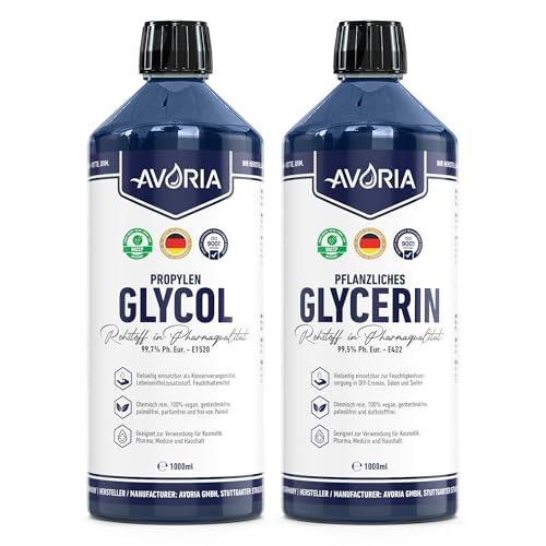 Avoria – Pflanzliches Glycerin 99,5% & Propylenglykol 99,7% – Höchste Reinheit, Ph.Eur., E422 – Vielseitig für Kosmetik, Hautpflege, Industrie – Hergestellt in Deutschland – 2x1L PET-Flasche Avoria – Pflanzliches Glycerin 99,5% & Propylenglykol 99,7% – Höchste Reinheit, Ph.Eur., E422 – Vielseitig für Kosmetik, Hautpflege, Industrie – Hergestellt in Deutschland – 2x1L PET-Flasche von Avoria