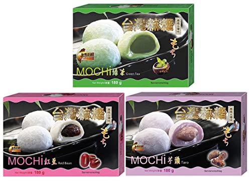 yoaxia ® - Mochi 3 verschiedene Klebreiskuchen Grüner-Tee- /Rote Bohnen-/ Taro-Geschmack je 1x180g + ein kleines Glückspüppchen - Holzpüppchen von AWON