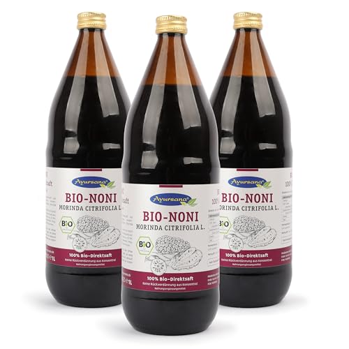 Ayursana Nonisaft 3x1 Liter, Bio-Qualität & 100% Direktsaft, purer Noni Saft abgefüllt und fermentiert im Ernteland Samoa, zum Beimischen für Bowls, Smoothies & Getränke von Ayursana