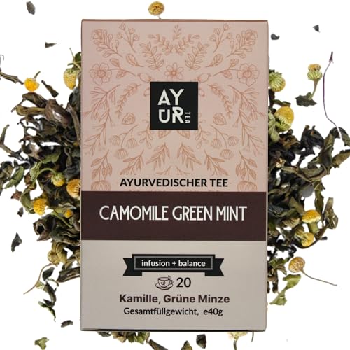 Ayurtea Kamillen Grüne Minztee - Entspannender ayurvedischer Tee mit Kamille, Minze und Pfefferminze, 20 Pyramiden-Teebeutel von Ayurtea