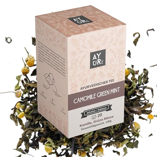 Ayurtea Kamille Grüner Tee mit Minze – Premium Kräutertee mit Kamille, Grüner Minze & Tulsi – 100% Natürlich, Pyramiden-Teebeutel, Ideal für Entspannung – Perfekt für Tee Geschenksets von Ayurtea