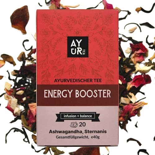 Ayurtea Energy Booster Tee | Schwarzer Tee, Ashwagandha, Sternanis, Muskatnuss | 20 Umweltfreundliche Pyramiden-Teebeutel | Hochwertige Tee | Ayurveda Kräutertee von Ayurtea