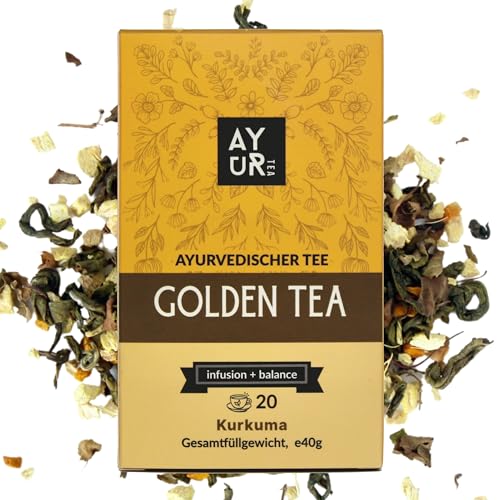 Ayurtea Golden Tee | Hochwertiger Ayurveda Kräutertee mit Grüntee, Tulsi, und Ingwer | Teemischung im Pyramidenbeutel | Tee Geschenke für Frauen | Ingwer Kurkuma Tee von Ayurtea