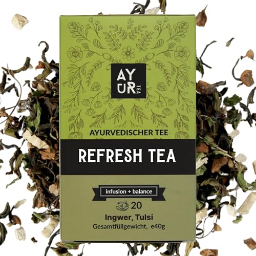 Ayurtea Refresh Tea | Grüntee mit Zimt, Ingwer, Tulsi, Minze | 100% Natürlich Teesorten | Ayurveda Kräutertee | 20 Pyramiden Teebeutel | Premium Wintertee Mischung von Ayurtea