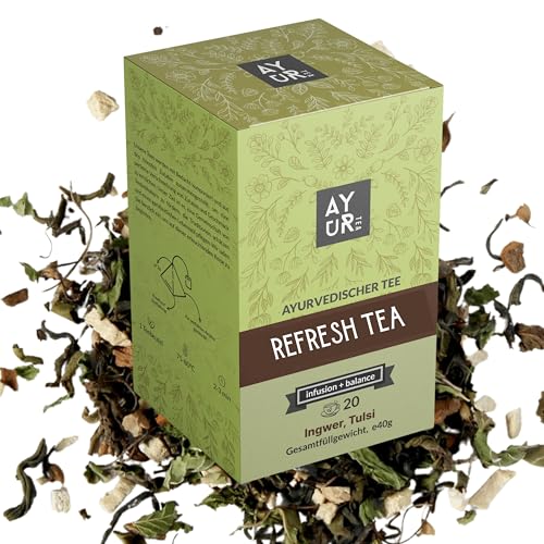 Ayurtea Refresh Tea | Grüntee mit Zimt, Ingwer, Tulsi, Minze | 100% Natürlich Teesorten | Ayurveda Kräutertee | 20 Pyramiden Teebeutel | Premium Wintertee Mischung von Ayurtea