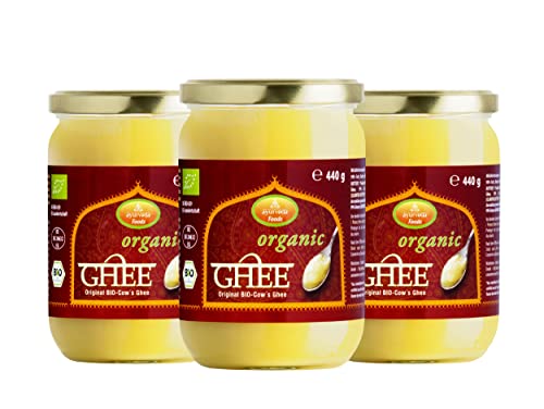 Ayurveda Foods - Organic Premium Bio Ghee 440g (3er Set), sehr lange Haltbarkeit, Bio-Siegel, Brat- Kochfett von Ayurveda Foods