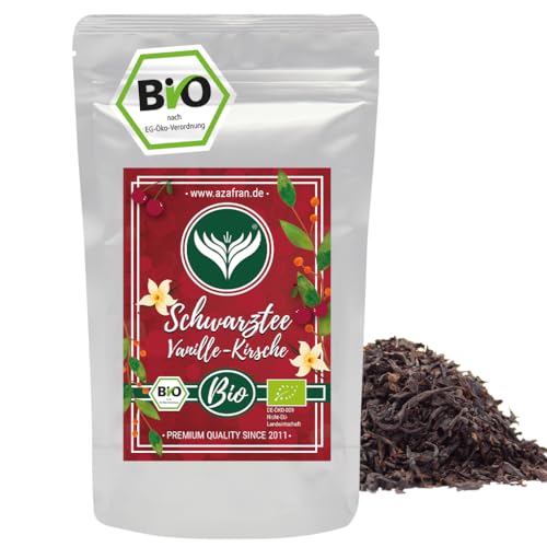 Azafran BIO Schwarztee Vanille Kirsch, Schwarzer Tee aromatisiert lose, Vanilletee mit Kirsche 250g von Azafran