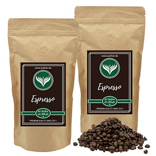 Azafran Roter Espresso Kaffeebohnen ganz 80% Arabica 20% Robusta dunkle Premium Röstung 1kg von Azafran