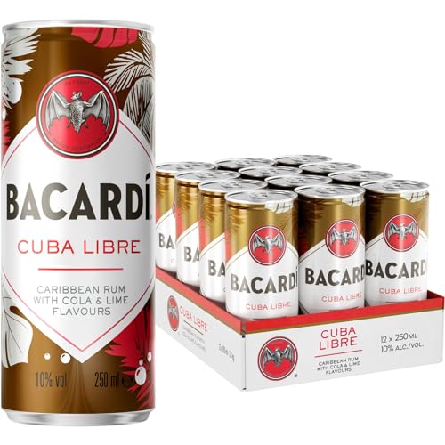 BACARDÍ Cuba Libre, Ready-To-Drink Cocktail in der Dose, trinkfertig mit BACARDÍ Carta Oro Rum, Cola und Limette, 10% Vol., 25 cl/250 ml von BACARDI