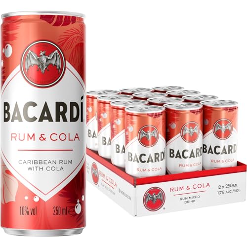 BACARDÍ & Cola, 10% Vol., 12 x 25 cl/250 ml, Ready-To-Drink Cocktail in der Dose, trinkfertiger Mix mit BACARDÍ Carta Blanca Rum und Cola von BACARDI