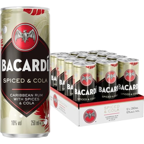 BACARDÍ Spiced & Cola, Ready-To-Drink Cocktail in der Dose, trinkfertig mit BACARDÍ Spiced Rum, Cola und Gewürzen, 10% Vol., 25 cl/250 ml von BACARDI