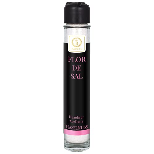 BACCYS Flor de Sal mit Haselnuss-Aroma 100g, Salzblüten grob aus dem Mittelmeer, spanisches Meersalz, Salzflocken im praktischen Salzstreuer von BACCYS