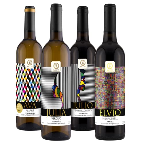 BACCYS Probierset Spanischer Wein 2x Rotwein und 2x Weißwein 4 Flaschen á 0,75l, Probierpaket aus trockenen Weinen mit den Weinsorten Elvio Julio Julia Ava von BACCYS
