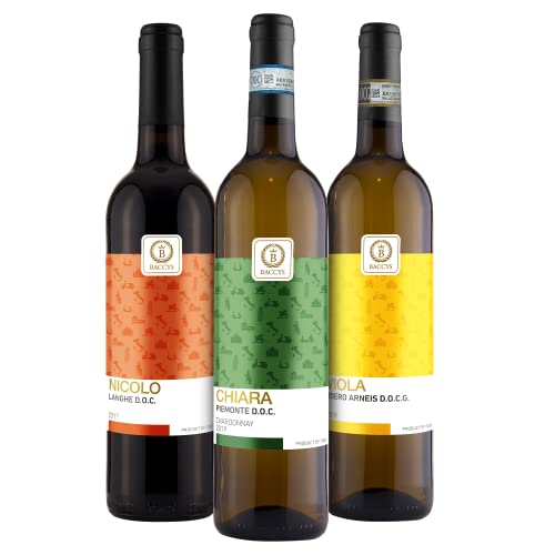 BACCYS Probierset Vegan bestehend aus 2 x Weißwein 1 x Rotwein, 3 Flaschen á 0,75l, Probierpaket aus trockenen Weinen mit den Weinsorten Nicolo Viola Chiara von BACCYS
