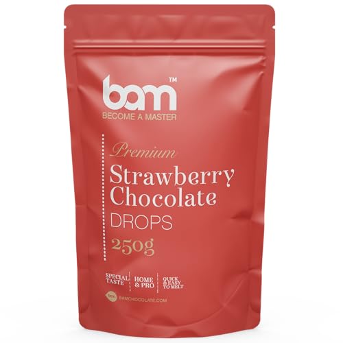 BAM Premium Chocolate Drops mit Geschmack, Callets, Chips zum Schmelzen, Backen für Zuhause und Profi (Erdbeer-Schokolade, 250 g) von BAM