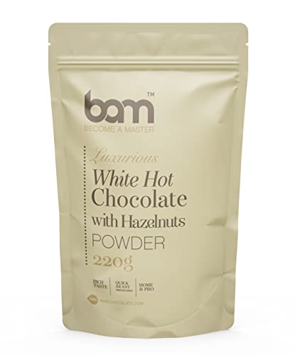 BAM Luxuriöse Heiße Schokolade Pulver Getränkemischung, 220 g, 7 Portionen (Weiße Schokolade mit Haselnüssen) von BAM