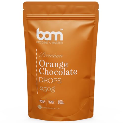 BAM Premium Chocolate Drops mit Geschmack, Callets, Chips zum Schmelzen, Backen für Zuhause und Profi (Orange Schokolade, 250 g) von BAM