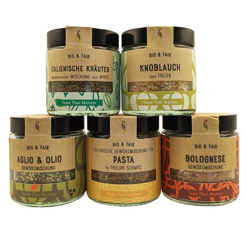 BAVAREGOLA Bio Gewürze Set "Bella Italia" - 5 Soulspice Gewürzmischungen für die Italienische Küche - Bolognese, Pasta, Knoblauch, Aglio e Olio & Italienische Kräuter Mischung - 100% Bio & Fairtrade von BAVAREGOLA