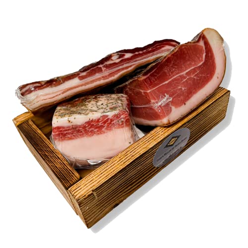 BAVAREGOLA "Speck Kistl" - Geschenkekiste mit 3 Südtiroler Speck Spezialitäten - Präsentkorb gefüllt mit Speck, Lardo & Pancetta von Viktor Kofler/Lana - Genuss Geschenk für Männer & Frauen von BAVAREGOLA