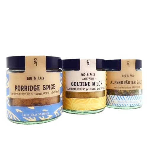 Bio Gewürze Set - 3 SoulSpice Bio Gewürzmischungen für´s Frühstück - mit Goldene Milch Pulver, Porridge Spice und Alpenkräuter Salz - für den geschmackvollen Start in den Tag von BAVAREGOLA