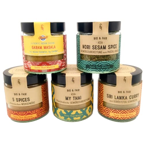 Gewürze Set Bio "Asia" - 5 Asiatische SoulSpice Bio Gewürzmischungen, Thai - und Wokgewürz, Garam Masala, Nori Sesam, Sri Lanka Curry - Die Bio Gewürze für ein authentisches asiatisches Aroma von BAVAREGOLA