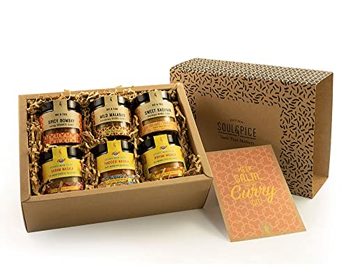 Indisches Curry - Masala Bio Gewürze Geschenkeset - Geschenkidee für Liebhaber der Indischen Küche - 6 Premium Fairtrade Indische Gewürzmischungen von SoulSpice in der Geschenkebox von BAVAREGOLA