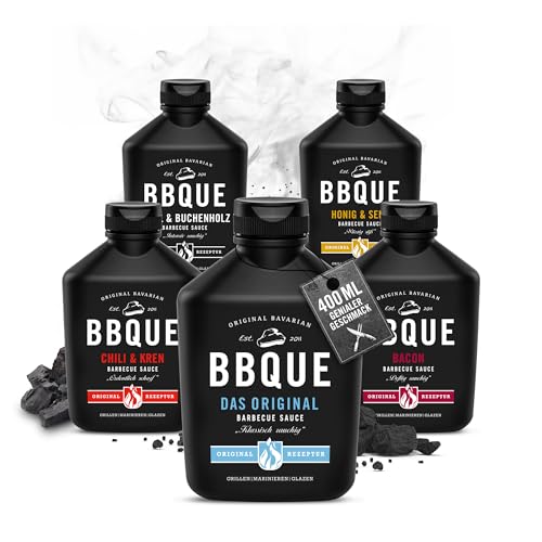BBQUE – BBQ-Saucen Set "Furious 5" Squeeze-Flaschen 5x400 ml – Barbecuesaucen Bundle (Original, Grill & Buchenholz, Chili & Kren, Bacon, Honig & Senf) – Ideal zum Grillen, für Marinaden & als Dip BBQUE – BBQ-Saucen Set "Furious 5" Squeeze-Flaschen 5x400 ml – Barbecuesaucen Bundle (Original, Grill & Buchenholz, Chili & Kren, Bacon, Honig & Senf) – Ideal zum Grillen, für Marinaden & als Dip von BBQUE