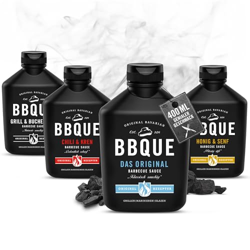 BBQUE - BBQ-Saucen Set "Fabulous 4" Squeeze-Flaschen 4x400 ml Vorteilspack - Barbecuesauce Bundle (Original, Grill & Buchenholz, Chili & Kren, Honig & Senf) - Ideal zum Grillen, für Marinaden & Dips von BBQUE