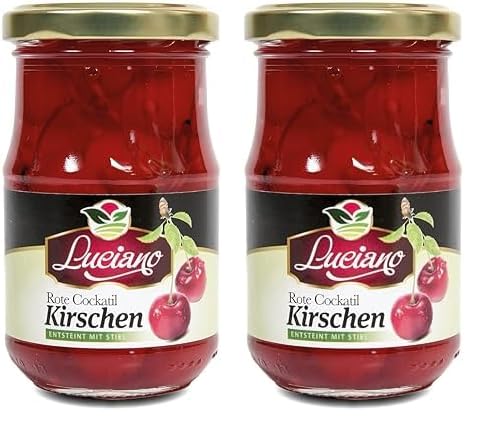 Luciano Cocktail Kirschen 125g - Maraschino Cocktailkirsche ohne Kern Sauerkirschen im Glas mit Stiel eingelegt in Sirup (Packung mit 2) von BDLLMDES