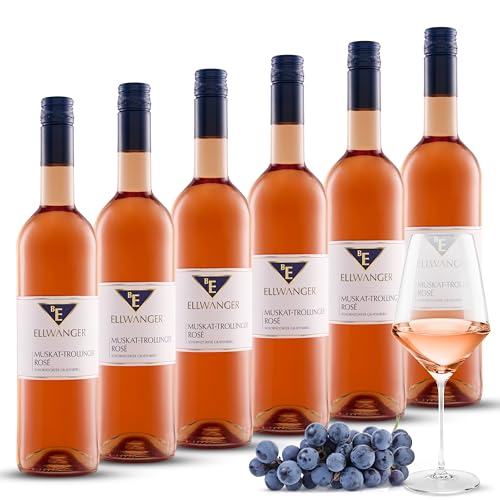 BE ELLWANGER | 2023er Muskat-Trollinger Rosé - Rose Wein halbtrocken | Roséwein | Rosé mit frischen Rosen- und Lychee-Aromen | Feinwürziger Abgang | Rosewein halbtrocken (6x0,75 L, Muskat Trollinger) von BE ELLWANGER
