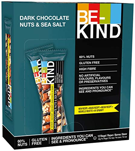 BE-KIND Glutenfreier gesunder Snackriegel|Nussriegel mit niedrigem Zuckergehalt|Gemischte Nüsse Gesunde Snacks|Milchfreie Nuss-Snacks|Ballaststoffreicher Nussriegel mit dunkler Schokolade und Meersalz|12x40g Riegel von BE-KIND