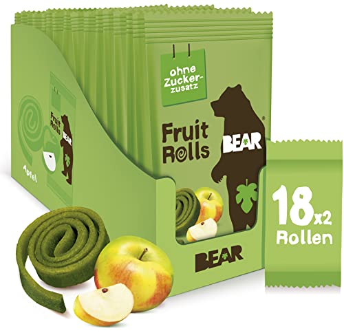 BEAR Fruchtrollen Apfel | 100% Natürliche Inhaltsstoffe | Ohne Zusatz von Zucker | Gesunder Snack für Kinder & Erwachsene | 18 Beutel x 20g | 360g von BEAR