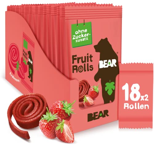 BEAR Fruchtrollen Erdbeere | 100% Natürliche Inhaltsstoffe | Ohne Zusatz von Zucker | Gesunder Snack für Kinder & Erwachsene | 18 Beutel x 20g | 360g von BEAR