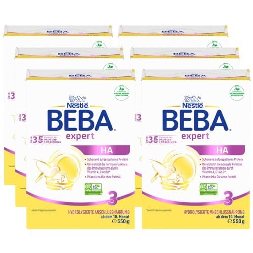 BEBA expert HA 3 Folgemilch ab dem 10. Monat, Babynahrung mit hydrolysiertem Protein, nur Laktose, ohne Palmöl, 6er Pack (6 x 550g) von BEBA