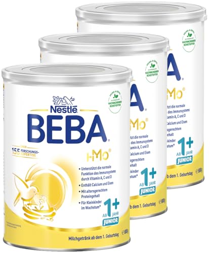 BEBA Junior 1+ Milchgetränk ab dem 1. Geburtstag, Babynahrung mit HMO 2'-FL, nur Laktose, ohne Palmöl, 3er Pack (3 x 800g) von BEBA