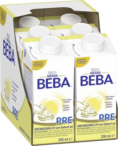 BEBA Nestlé BEBA PRE, Säuglingsmilchnahrung von Geburt an, trinkfertige Babymilch im Tetra Pak, leicht verträgliche Babynahrung, 6er Pack (6 x 200ml) von BEBA