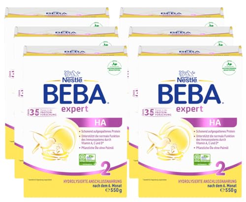 BEBA expert HA 2 Folgemilch nach dem 6. Monat, Babynahrung mit hydrolysiertem Protein, nur Laktose, ohne Palmöl, 6er Pack (6 x 550g) von BEBA