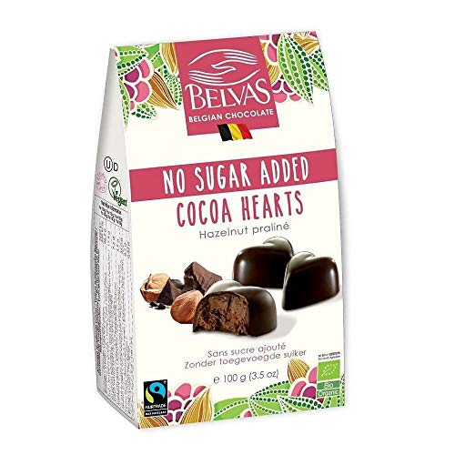 Belvas Hearts - Hearts, belgische vegane Bio-Schokoladenpralinen ohne Zuckerzusatz und ohne Süßstoffe 100g von Belvas