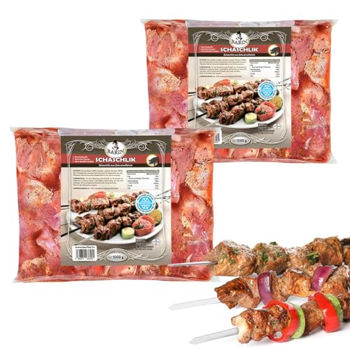 BARIN Schaschlik mariniertes Schweinenacken (2kg, 1000g pro Packung) Grillspieße aus Deutschland TK vakuumiert gewürzt Schweinefleisch Nacken ohne Geschmacksverstärker für Grill BBQ Gartenparty von BEM