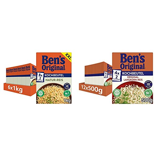 Ben's Original Natur Reis, 10-Minuten Kochbeutel, 6 Packungen (6 x 1kg) & Ben's Original Original Langkorn Reis, 10 Minuten Kochbeutel, 12 Packungen (12 x 500g) von BEN’S ORIGINAL