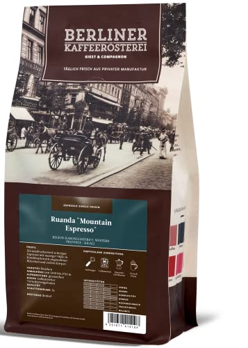 Berliner Kaffeerösterei - Ruanda Mountain Espresso (250g / gemahlen), Röstgrad Kaffee: dunkel, 100% Arabica Bohnen, Aromaprofil: Nussig/Schokoladig/Würzig von BERLINER KAFFEERÖSTEREI GIEST & COMPAGNON