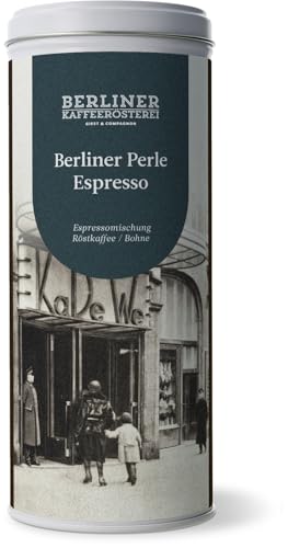 Berliner Kaffeerösterei - Berliner Perle Espresso (125g / ganze Bohne) mit Doppeldeckeldose, Röstgrad Kaffee: dunkel, 100% Arabica Bohnen, Aromaprofil: Nussig/Schokoladig von BERLINER KAFFEERÖSTEREI GIEST & COMPAGNON